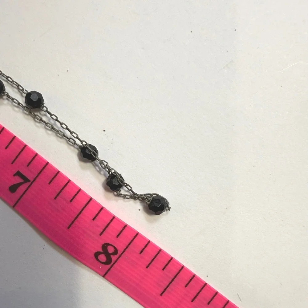 Vintage Black Faceted Bead Station Necklace Silver Tone Korea 16 Inch Goth Retro